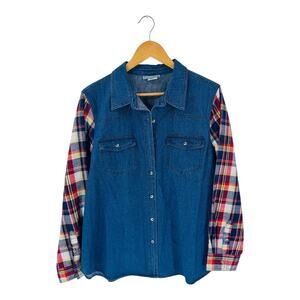 Country Store Western Denim Plaid Button Down Shirt Blue Long Sleeve Top XL